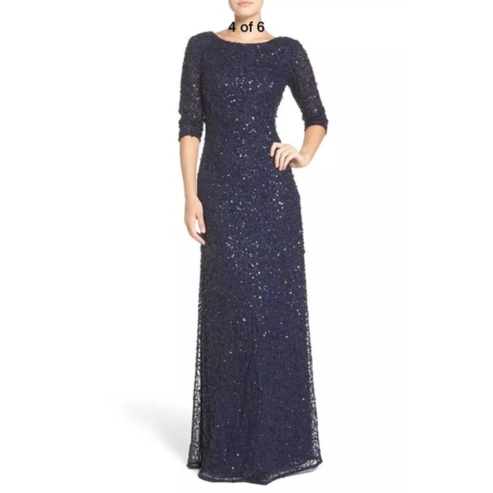 NEW! Adrianna Papell Navy Sequin Scoop Back Gown